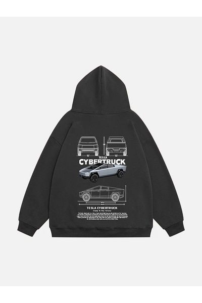 Mad&Calf Унисекс суитшърт от полар с качулка и щампа Tesla Cybertruck
