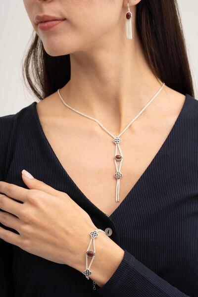 Sümer Telkari Midyat Hasırı Akik Taşlı Yonca Tasarımı Elişi Gümüş Set 2844