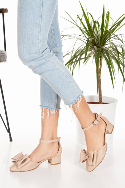 GULT Pantofi cu fundă cu toc mic pentru femei de culoare nudă