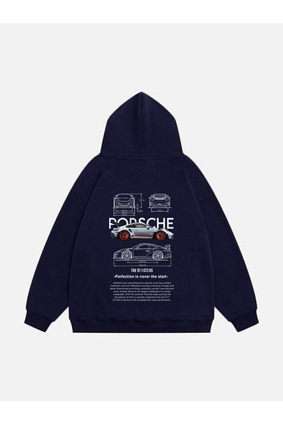 Mad&Calf Унисекс Porsche Gt3 щампован суичър с полар с качулка