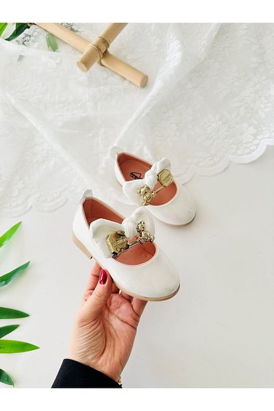 Minigimin Cicileri Balerini ortopedici elastici pentru fete cu detaliu de urs - Cicuri ale copilului meu mic, alb