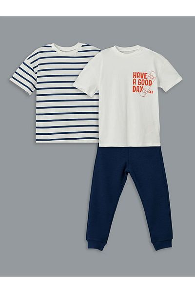 LC Waikiki Lcw Kids Ecru Stripe Boys T-Shirt 2-Piece and Sweatpants Bottom