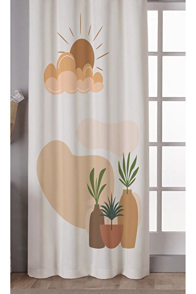 GREENDECOR Bohemian Vase Cloud Flower Sun Special Design Soft Digital Printed (Single Wing) Beige Ecru Modern Background Curtain