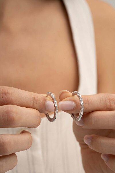 Sümer Telkari 24 Mm Baget Taşlı Tasarım Rodyumlu Gümüş Halka Küpe 7159