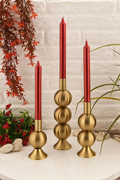 TR Turan Collection ELİT 3'lü Şamdan Seti Eskitme Renk Dekoratif Metal Mumluk