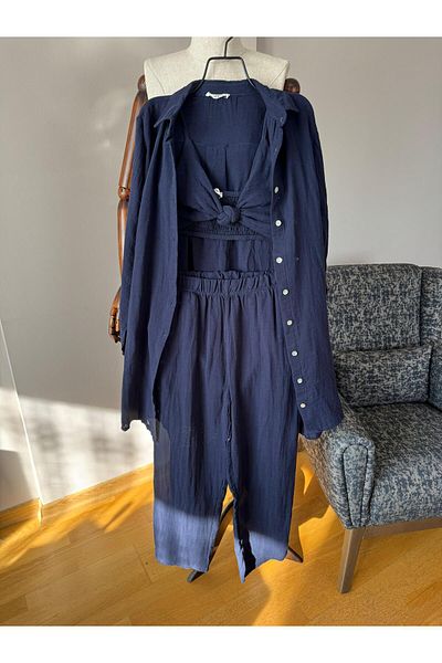 Natavanbutık Shirt Pantalon Crop 3-Piece Linen Set