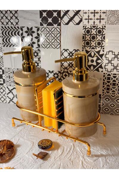 GLORİNDA HOME LÜKS MERMER DESENLİ KREM RENKLİ GOLD DETAYLI STANTLI SÜNGERLİ  ...