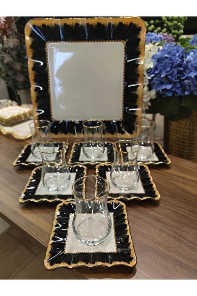 P&ORA PREMIUM KITCHEN PRODUCTS P&Ora New Square Black Plate Tee Set with 13 Pieces Tray