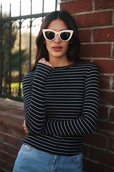 NİLİST بلوزة نسائية بأكمام طويلة ورقبة دائرية من القماش المشروط ذات ملمس ناعم...