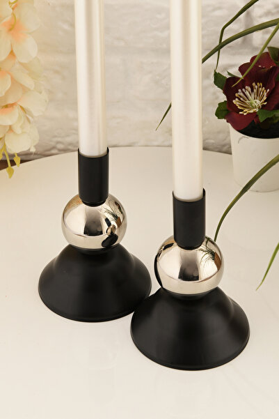 TR Turan Collection Nocta Metal Şamdan Siyah ve Gümüş Renk Dekoratif Mumluk Çiftli Set