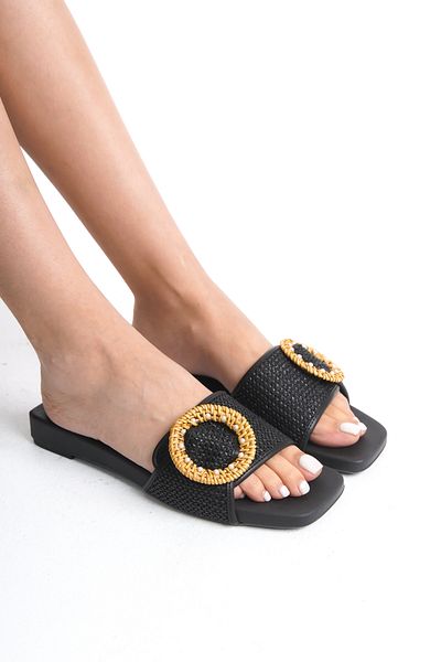 MARSEDO Women's Straw Daily Straw Buckle Detailed Slippers Nature Black