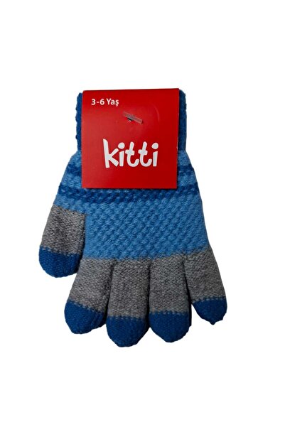 Kitti Spteks 3-6 Yaş Erkek Çocuk Mavi Renk Çizgi Desenli Kışlık Örme Eldiven