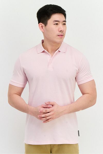 French Connection Men Regular Fit Birdseye Short Sleeve Polo Shirt, Light Pink