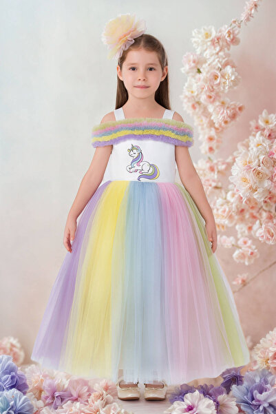 Kids Pamina Kids Ekru Kız Unicorn Parti Elbisesi