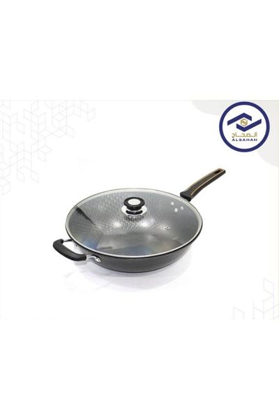 AL-Sahah Black oil frying pan with handle and glass lid 34cm