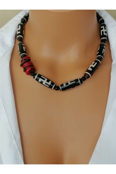 LemaStone Tibetan Agate & Red Coral - Aaa Quality Natural Stone Necklace & Bracelet & Earring Set