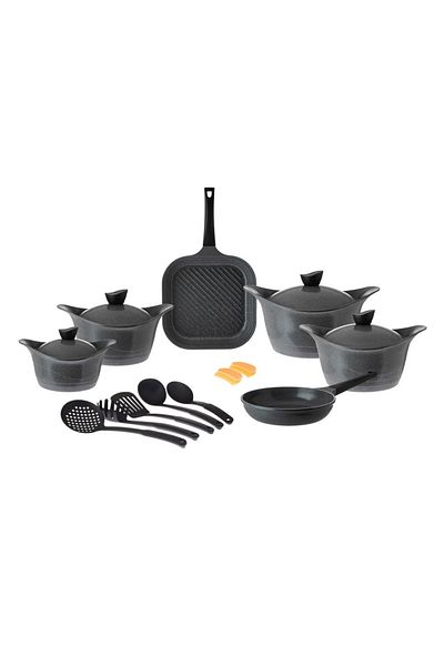 Badraig 17 Piece Grey Granite Cookware Set