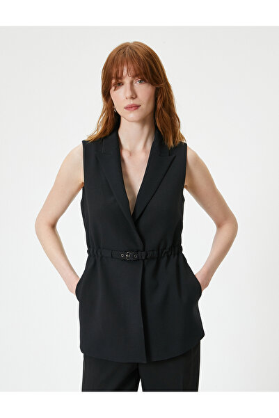 Koton Klasik Yelek V Şal Yaka Kemer Detaylı Cepli