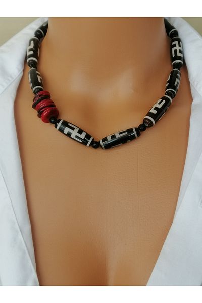LemaStone Tibetan Agate & Red Coral - Aaa Quality Natural Stone Necklace & Bracelet & Earring Set