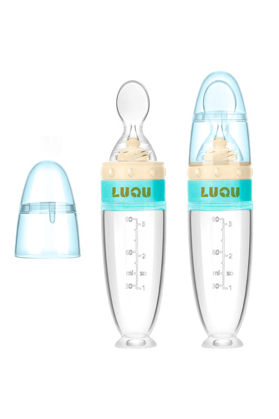 LUQU BABY وعاء طعام من السيليكون مع ملعقة من لوكيو - أزرق - عبوة من قطعتين