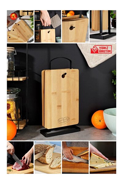 Nefes Home Wenken Metal Standlı 4 Parça Bambu Et Balık Peynir Ekmek Kesme Tah...