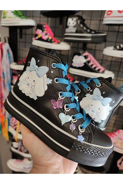 MECH BUTİK Pantofi sport negri, cu imprimeu Cinnamaroll, decorati 3D, din piele, rezistente la apă
