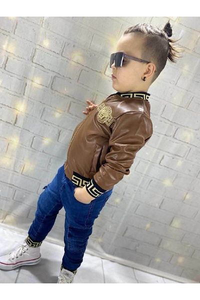 asiltr Boy's Leather Jacket Jeans Trousers Set of 3