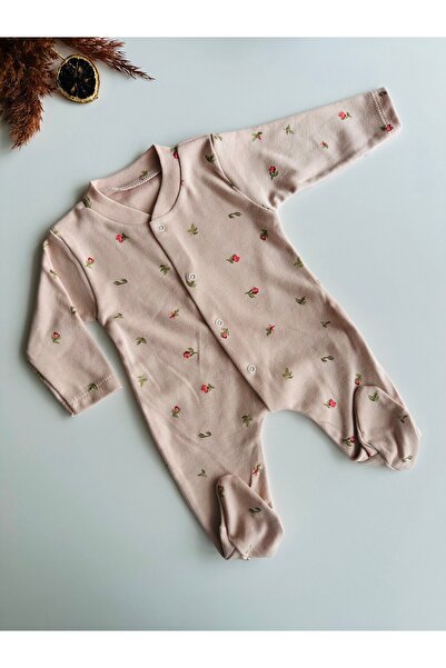 minço bebe Kız Bebek Mini Lale Baskılı Çıtçıtlı Patikli Bebek Tulumu %100 Pam...