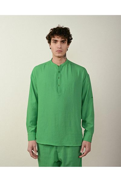 KUN SPORTSWEAR Λινό πουκάμισο Oversize - Δικαστικός γιακάς, Κουμπί μισού πατιλέτας, Υλικό λινό