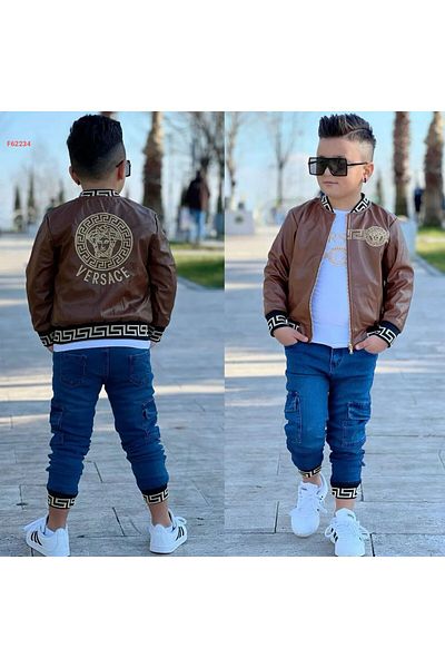 asiltr Boy's Leather Jacket Jeans Trousers Set of 3