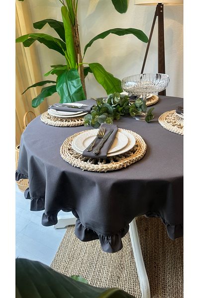 Decamor home Stain-Proof Laceless Fabric Water Repellent Gray Dark Smoked Ruffled Round Tablecloth