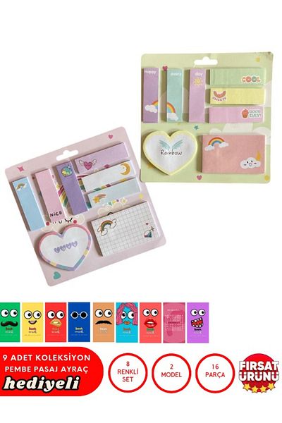 Pembe Pasaj Cute Adhesive Note Paper - 16 Pieces Pink Kawaii Post-It Set - Index - Index