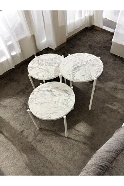 EDMONDA EV AKSESUAR ASYA ZİGON SEHPA 3LÜ SERVİS SEHPASI BEYAZ METAL AYAK