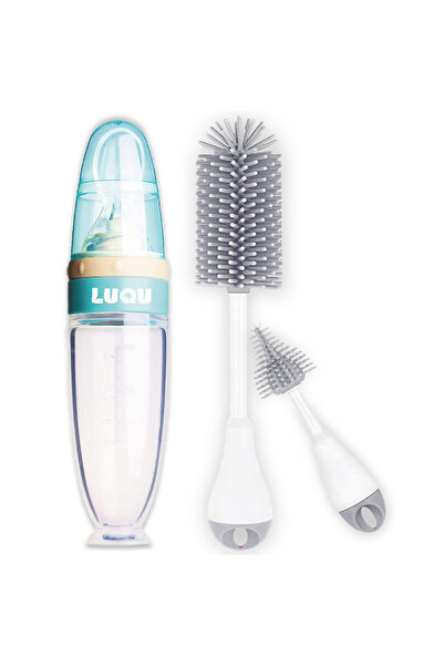 LUQU BABY ملعقة تغذية سيليكون قابلة للضغط للأطفال، مع مقياس وفرشاة تنظيف سيلي...