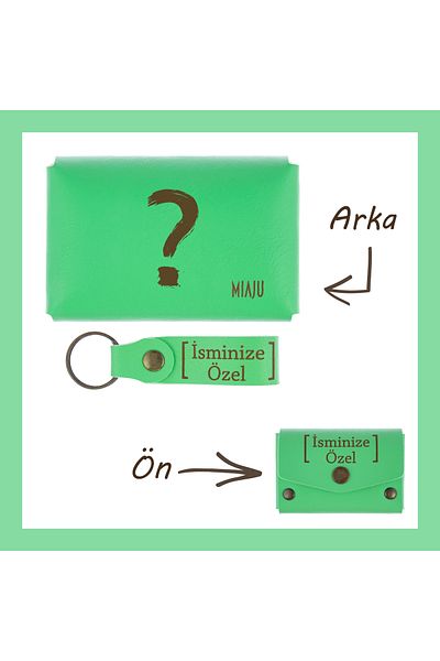 Miaju Pistachio Green, Question Mark Pattern, Name-Customized, Wallet and Keychain Set, Manidar Gift for Lovers