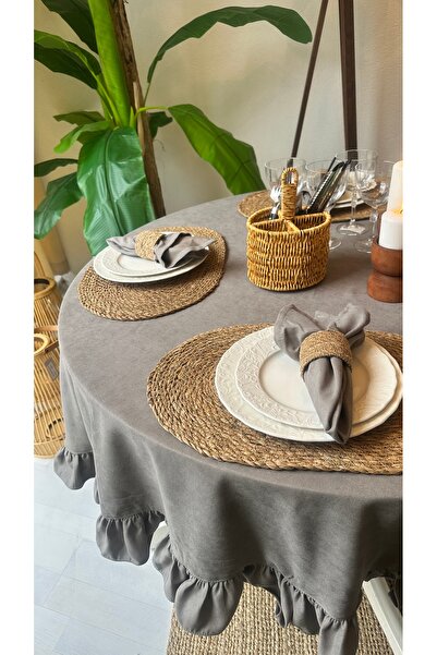Decamor home Velvet Textured Stain-Resistant Gray Ruffled Round Tablecloth (Napkin Not Included)