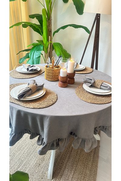 Decamor home Velvet Textured Stain-Resistant Gray Ruffled Round Table Cloth