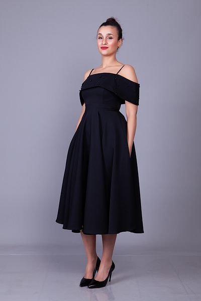 Bidoluelbise Pearl Detail Boat Neck Strap Midi Length Dress