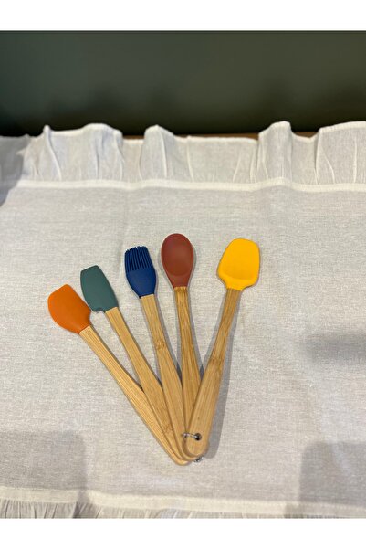 Sade Hediye 5'li Pastel Bambu Saplı Silikon Uçlu Kaşık Seti