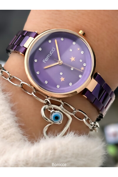 Ferrucci Marka Çelik Kordon, Taşlı Şık Kadran,Su Geçirmez, Mor Renk Kadın Kol...
