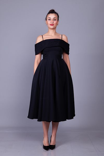 Bidoluelbise Pearl Detail Boat Neck Strap Midi Length Dress