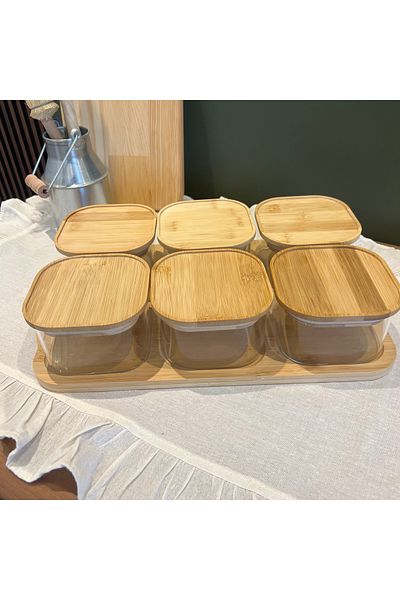 Sade Hediye Square Glass Breakfast Set with 6 Bamboo Trays