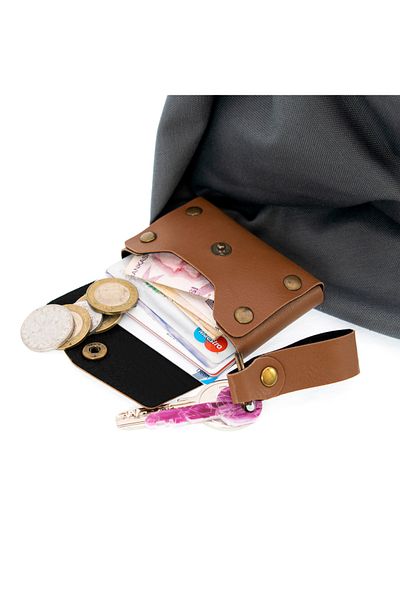 Miaju High Quality Leather Brown Coin Purse and Keychain Set, Casual Accessory