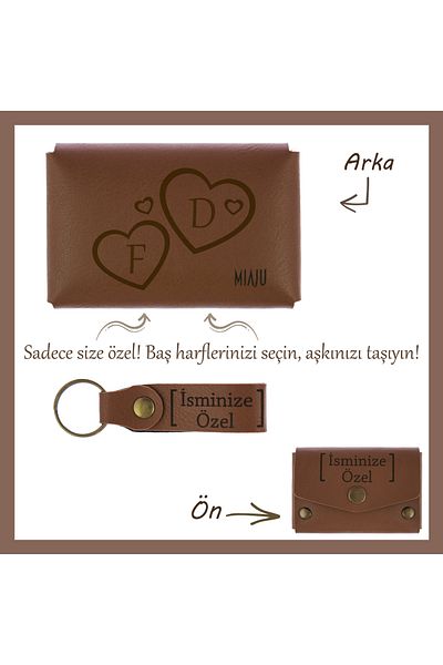 Miaju Coffee Colored Name and Letter Custom Heart Wallet and Keychain Set - Gift
