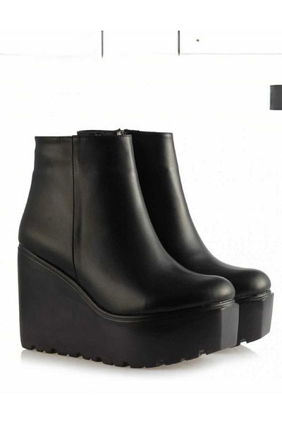POTEEN Ptc117 Women's Plartform Wedge Heel Zipper Detail Boots - Black