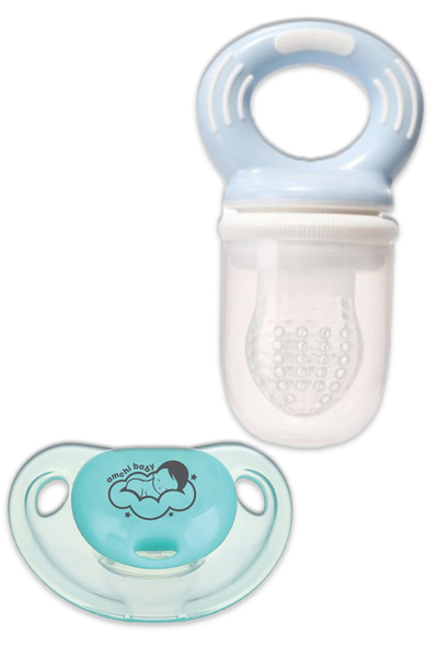 AMCHI BABY طقم تغذية وغطاء طعام طازج + مصاصة - أزرق