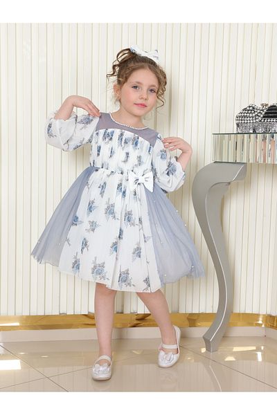 TREEMASS Girl's dress, Tulle printed with flowers and Pearls