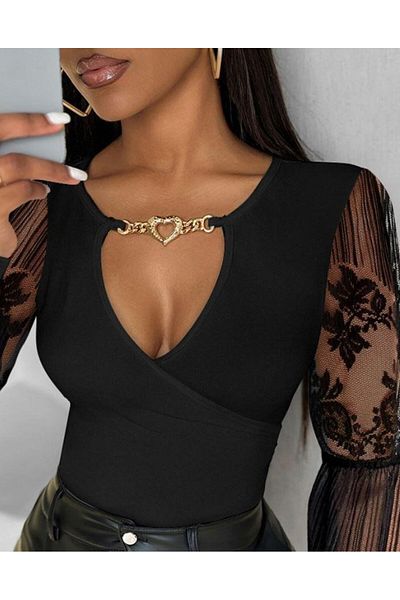 Femella Women Fashion Bluză de damă cu guler dublu, decolteu adânc, mâneci decupate, detaliu din tul