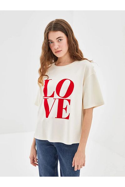 LC Waikiki Γυναικείο T-Shirt LCW Vision Ecru Oversize - Crew Neck, εμπριμέ TT