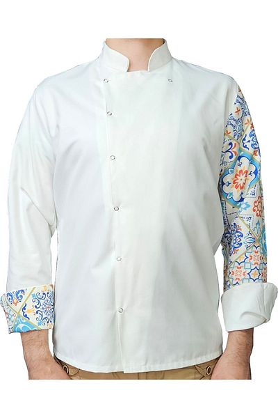 Ant Rotagrup Üniforma ve İş Elbiseleri Unisex Cook Jacket - Patterned, Snap Fastener, Long Sleeve, Chef Cook Kitchen Jacket, Ceramic Pattern